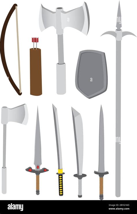 Vector Illustration Of Different Types Of Medieval Combat Weapons Such