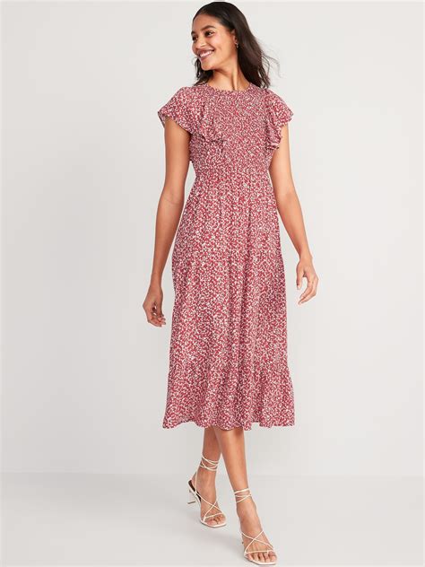 Fit And Flare Flutter Sleeve Tiered Smocked Midi Dress For Women Old Navy