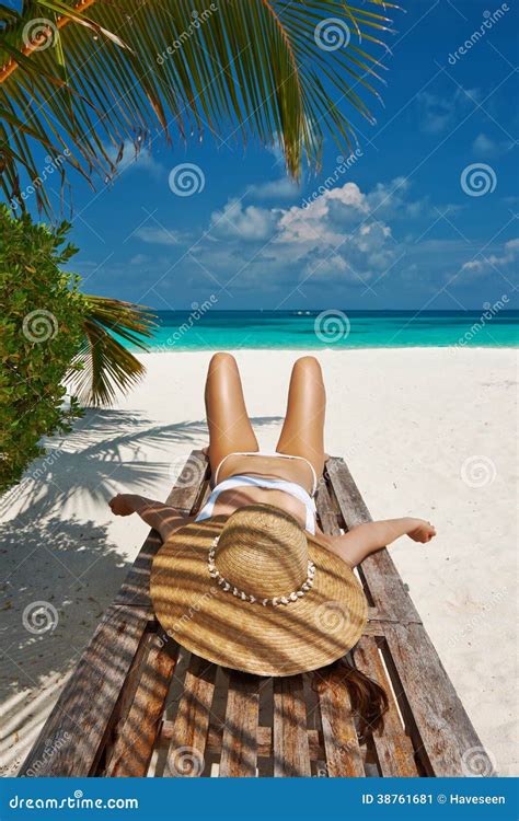 Woman At Beach Lying On Chaise Lounge Stock Image Image Of Girl Chaiselounge