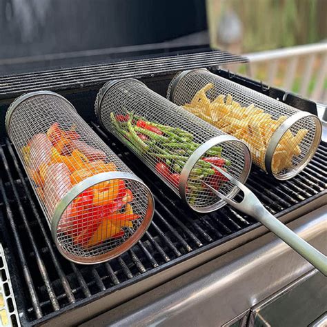 1pc Bbq Basket Wire Mesh Cylinder Grill Basket Stainless Steel Rolling