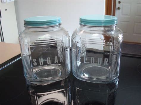 Set Of 2 Etched Glass Kitchen Canisters Sugar And Flour Jars Made