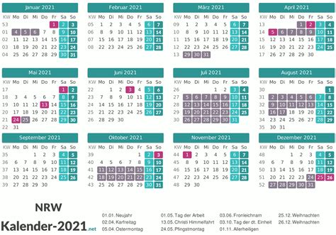 Das jahr 2021 hat 52 kalenderwochen und beginnt am freitag, den 1. Vakantie Nordrhein Westfalen 2021