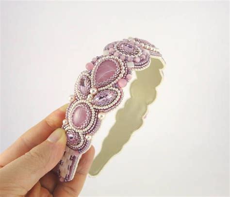 Bead Embroidery Head Band With Pink Quartz Cabochons Pearls Of