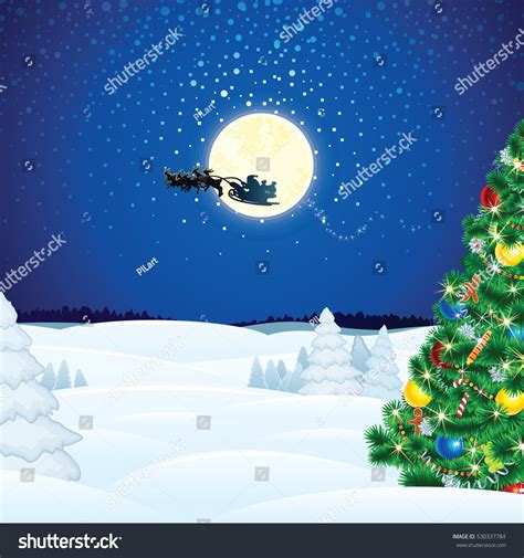 Winter Christmas Scene Santa Sleigh Flying Stock Vector