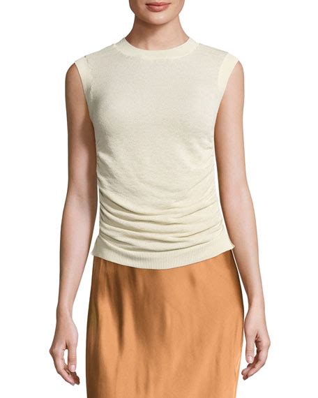 Helmut Lang Sleeveless Ruched Silk Blend Top Ivory Neiman Marcus