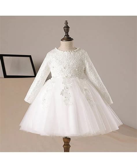 Ivory Lace Long Sleeve Tulle Flower Girl Dress Tutus Ballgown Pageant