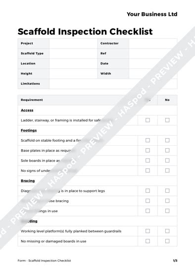 Scaffold Inspection Checklist Form Template HASpod