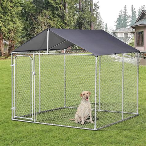 Pawhut Outdoor Dog Kennel Galvanized Steel Fence With Cover Secure Lock