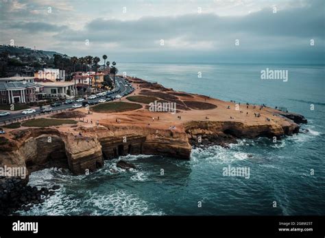 Aerial View Of Sunset Cliffs In San Diego California Drone Shot Stock