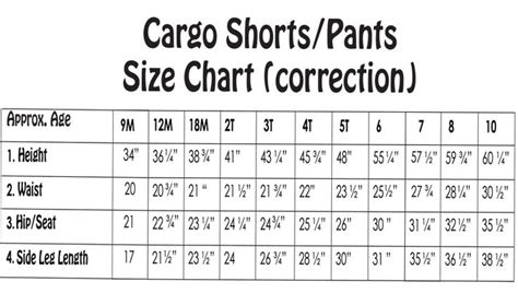 Cargo Shortpant Pattern Size Chart Correction Sheet Size Chart For