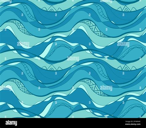 Seamless Pattern With Blue And Turquoise Waves With Tribal Pattern