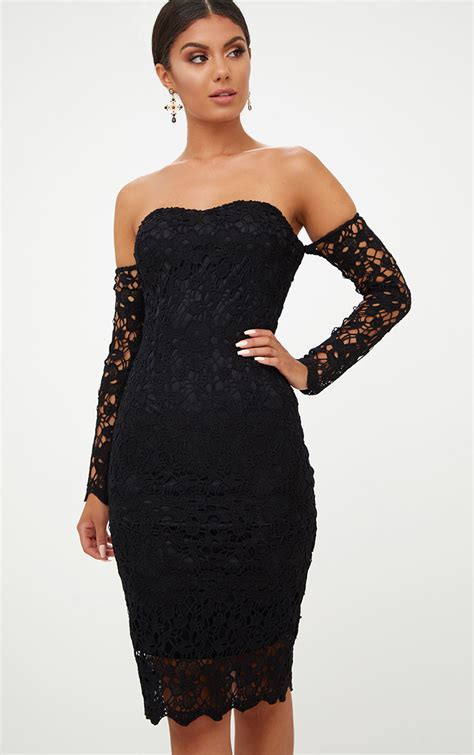 black lace bardot long sleeved midi dress prettylittlething