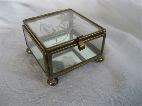 vintage etched glass and brass metal jewelry trinket box