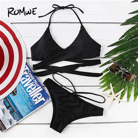 Romwe Sport Halter Wrap Bikini Set Summer Chest Pad Women Swimwear 2018