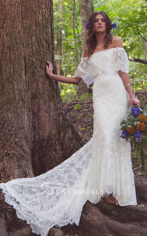 The best affordable boho wedding dresses with vintage and boho style. Boho Off-Shoulder Sheath Scalloped Lace Wedding Dress With ...