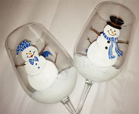 Blue Holiday Snowman Hand Painted Wine Glasses Etsy Painted Wine Glasses Hand Painted Wine