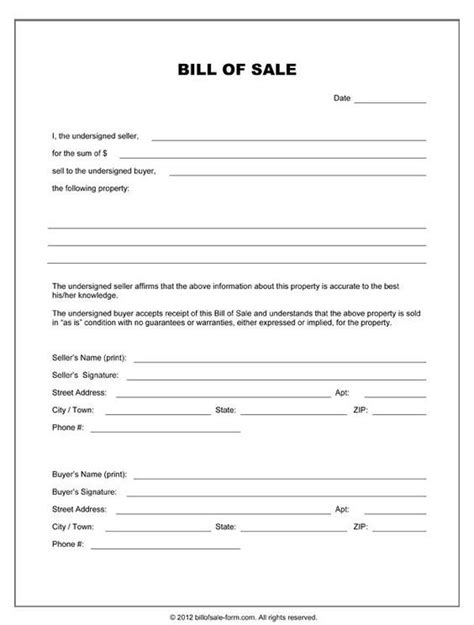 Free Printable Equipment Bill Of Sale Template Form Generic Sample
