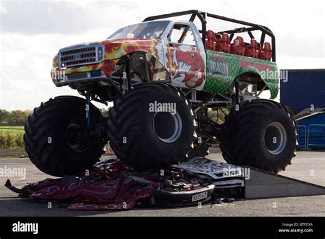Monster Truck Doing Stunts At Santa Pod Raceway England Stock Photo Alamy