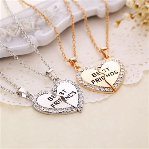 Unisex 2 Pcs Bff Necklace Women Crystal Heart Pendant Best Friend Letter Necklace Fashion Couple
