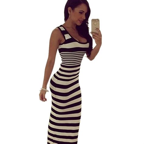 Women Summer Sexy Classic Strips Bodycon Beach Casual Summer Tank Vest Maxi Long Dress Sundress