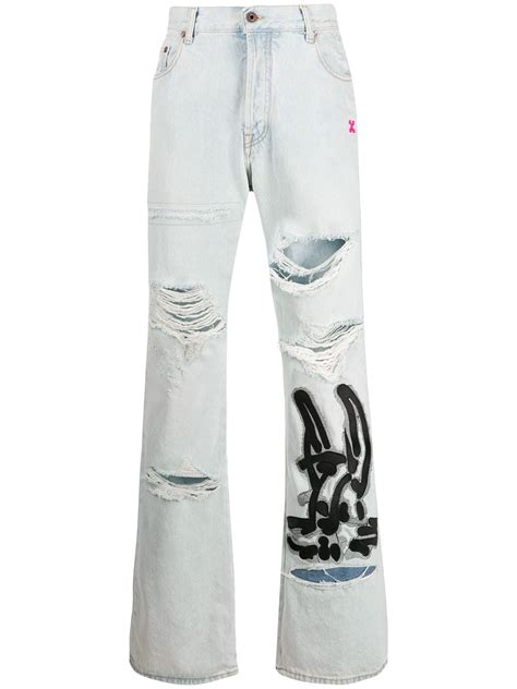 Shop Off White Bunny Print Bleached Effect Jeans With Express Delivery