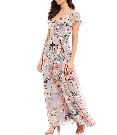 Eliza J Floral Print V Neck Flutter Sleeve Tie Waist Chiffon Maxi Dress Dillards In 2020