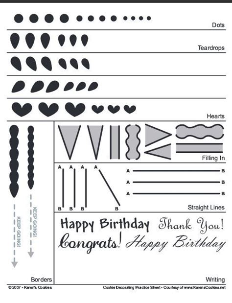 You'll also learn how to cut a disposable piping bag, how to pipe a straight line and more. Practice Sheet from Karens Cookies a few companies use ...