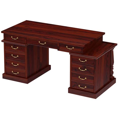 Rustic Solid Wood Home Office Executive Computer Desk With 11 Drawers