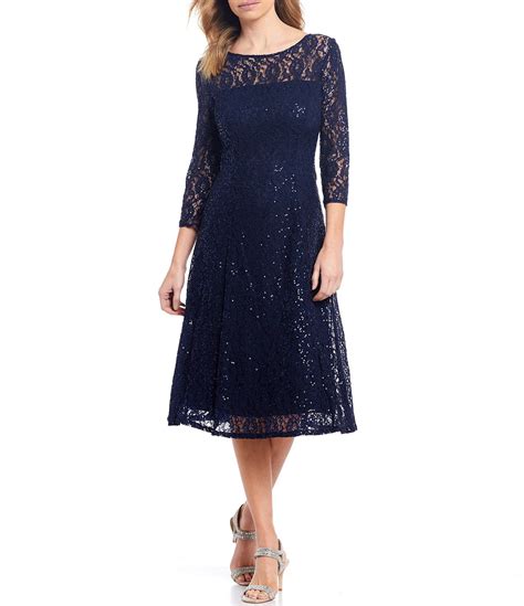 Ignite Evenings Sequin Lace Round Neck 34 Sleeve Midi Dress Dillard