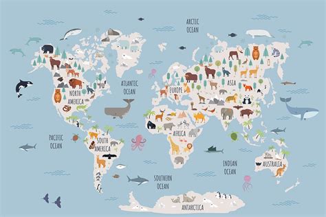 Animal World Map 8 X 10 In 11 X 14 In 20 X 30 In Animal Etsy Kids