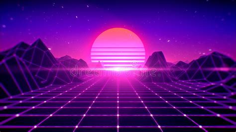 Retro Background Futuristic 80`s Style Digital Summer Landscape