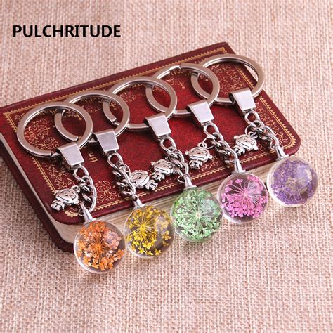 Pulchritude 2 Pcslot Metal Keychain Crystal Glass Ball Dried Flower