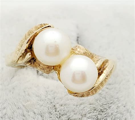 14k Gold Double Pearl Ring Vintage Estate 6 65mm Pearls Etsy Uk