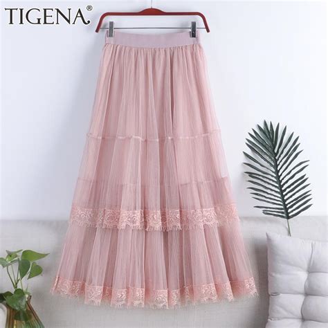 Skirts TIGENA Elegant Lace Tulle Maxi Skirt Women 2021 Summer Korean