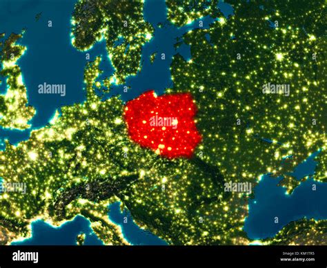 satellite night view of poland highlighted in red on planet earth 3d