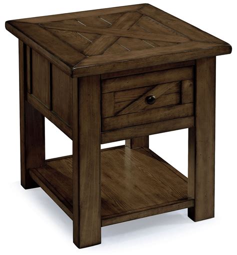 Has one drawer and is 2'x2.5' in size. Fraser Rustic Pine Wood Rectangular End Table from ...