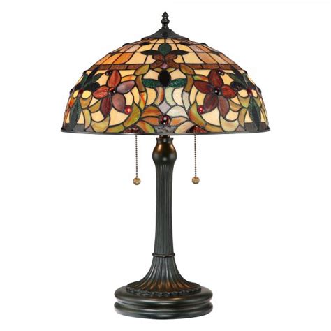 Classic Art Nouveau Tiffany Glass Table Lamp Bronze Base Floral Shade