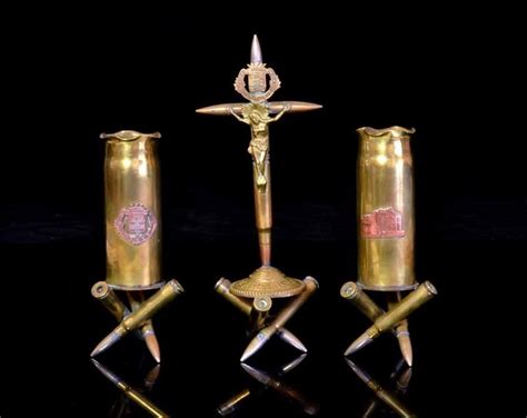 World War I Trench Art Crucifix And Candlesticks Marked Ypres