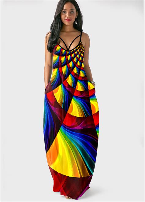 Rainbow Color Geometric Print Side Pocket Maxi Dress Usd