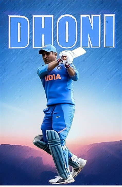 A Man Holding A Cricket Bat In His Hand And The Words Dhoni On It
