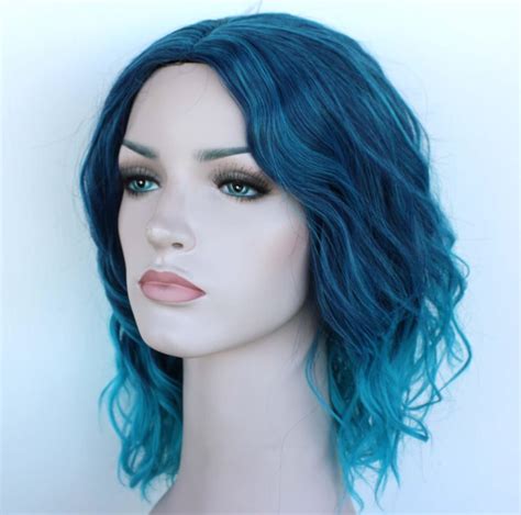 Turquoise Dark Blue Teal Ombre Shoulder Length Wavy Wig Party Etsy