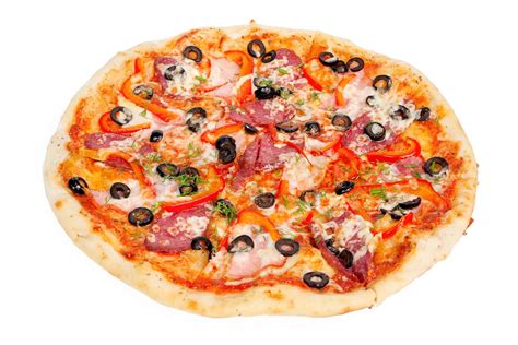 Tasty Pizza With Olives Pepperoni Ham And Pepper Stock Image Colourbox