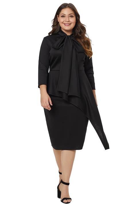 Black Solid Bow Bow Neck Full Sleeve Plus Size Party Bodycon Dress