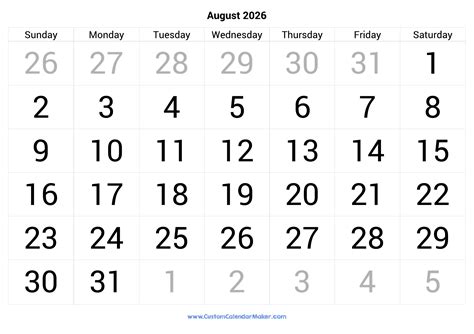 August 2026 Calendar Printable With Large Numbers