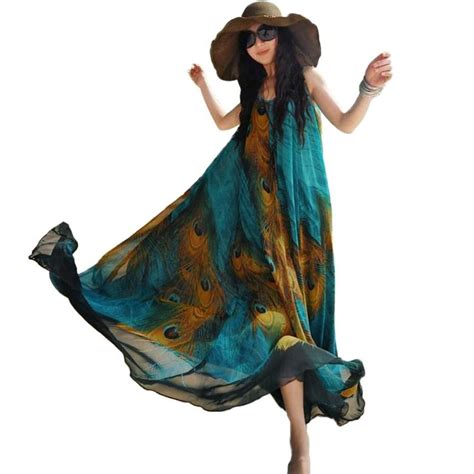 Peacock Feather Chiffon Maxi Loose Dress In 2019 Chiffon Dress