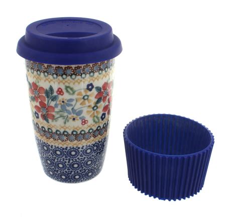 Blue Rose Polish Pottery Red Daisy Travel Coffee Mug