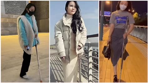A Beautiful Woman With An Amputated Leg Walks Briskly With Crutches2😍🌼🦋