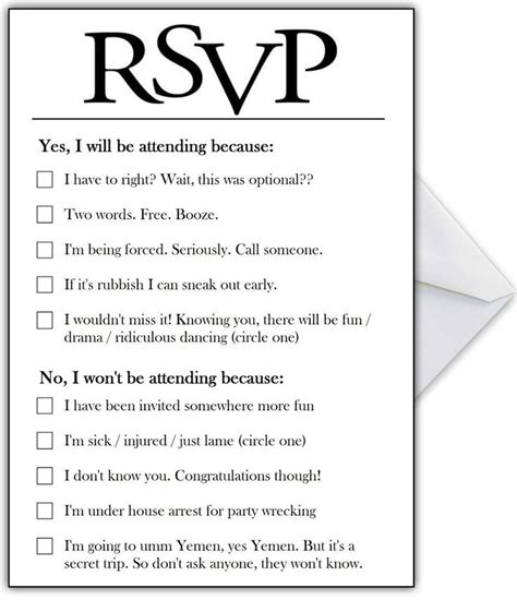 Rsvp Card With Hilarious Options Or Add Your Own Funny Reasons Inside