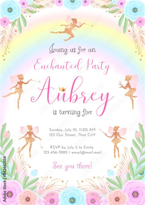 Fairy Birthday Party Invitation Template Gold Sparkling Silhouette Of