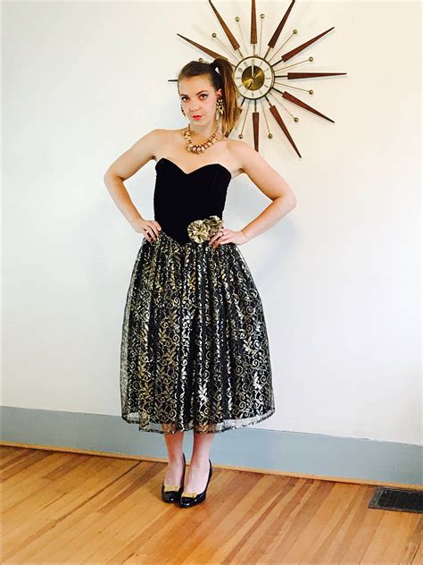 black and gold party dress 80s gunne sax dress vintage prom dress metallic lace bows strapless